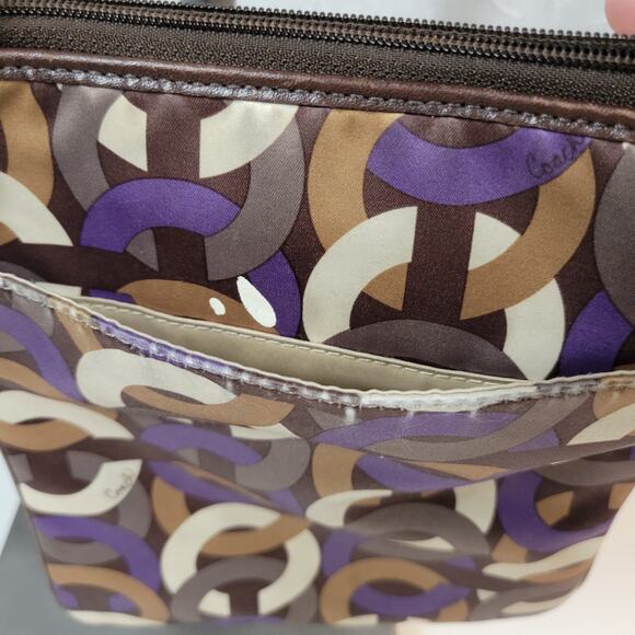 Coach Signature Cs Chain Link Op Art Bag Brown Purple Crossbody Fabric Leather - Picture 6 of 12